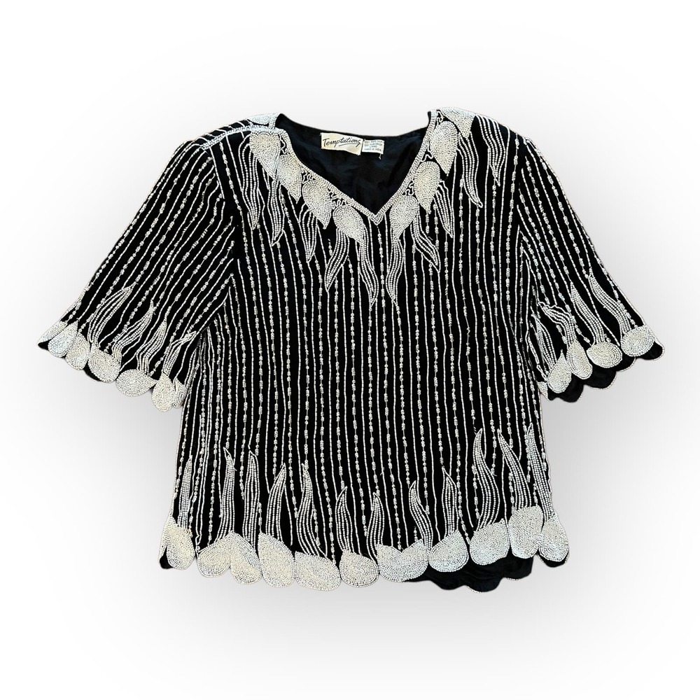Temptations Vintage Blackβ and White Beaded Silk Top Size L
